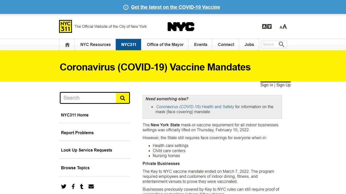 Coronavirus (COVID-19) Vaccine Mandates · NYC311 - New York City